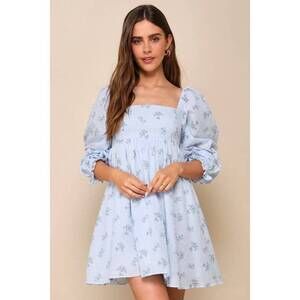Lulus Always Charming Light Blue Floral Swiss Dot Babydoll Dress - Size M